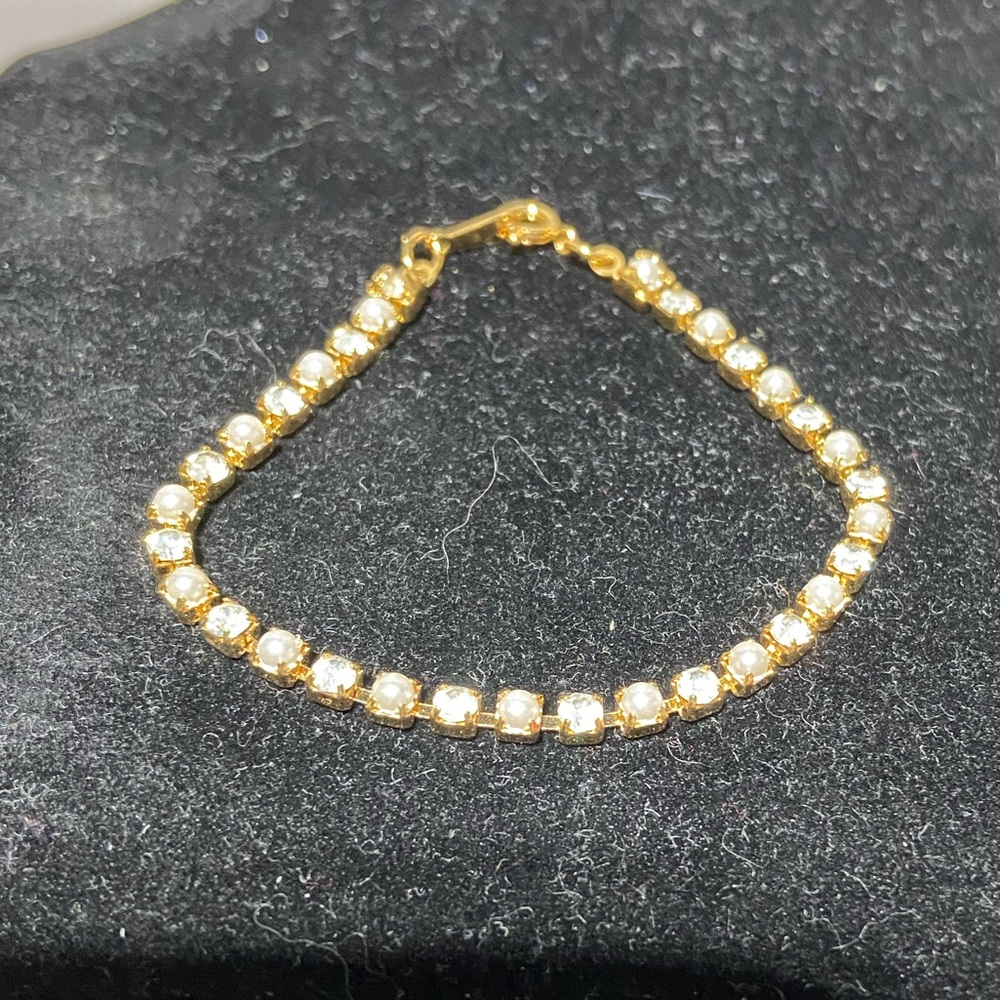 Gold Tone Clear Rhinestone Faux Pearl Tennis Bracelet